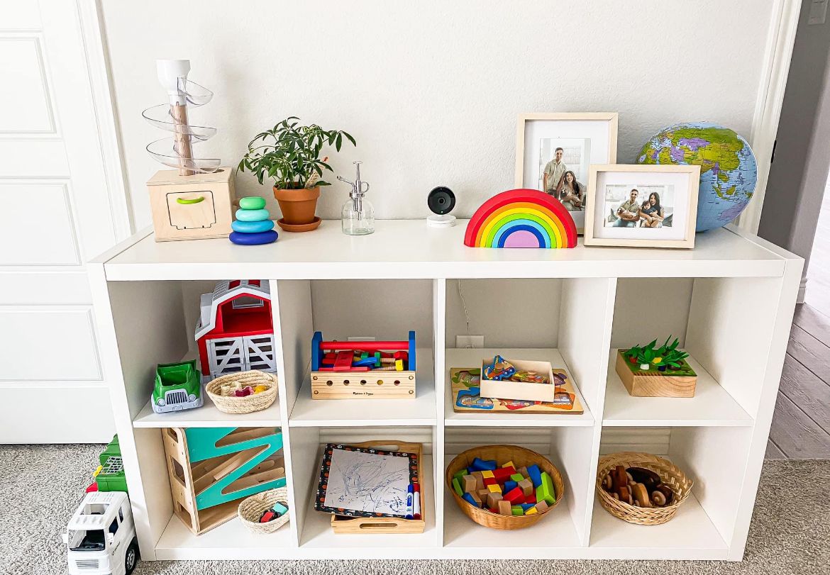 Low shelf with a small curated toy selection