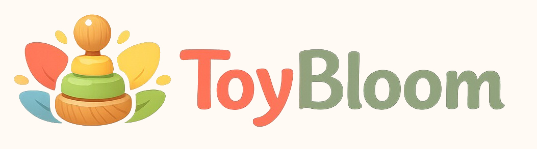 ToyBloom logo minimalist modern child play emblem featuring a growing sprout and warm friendly typography