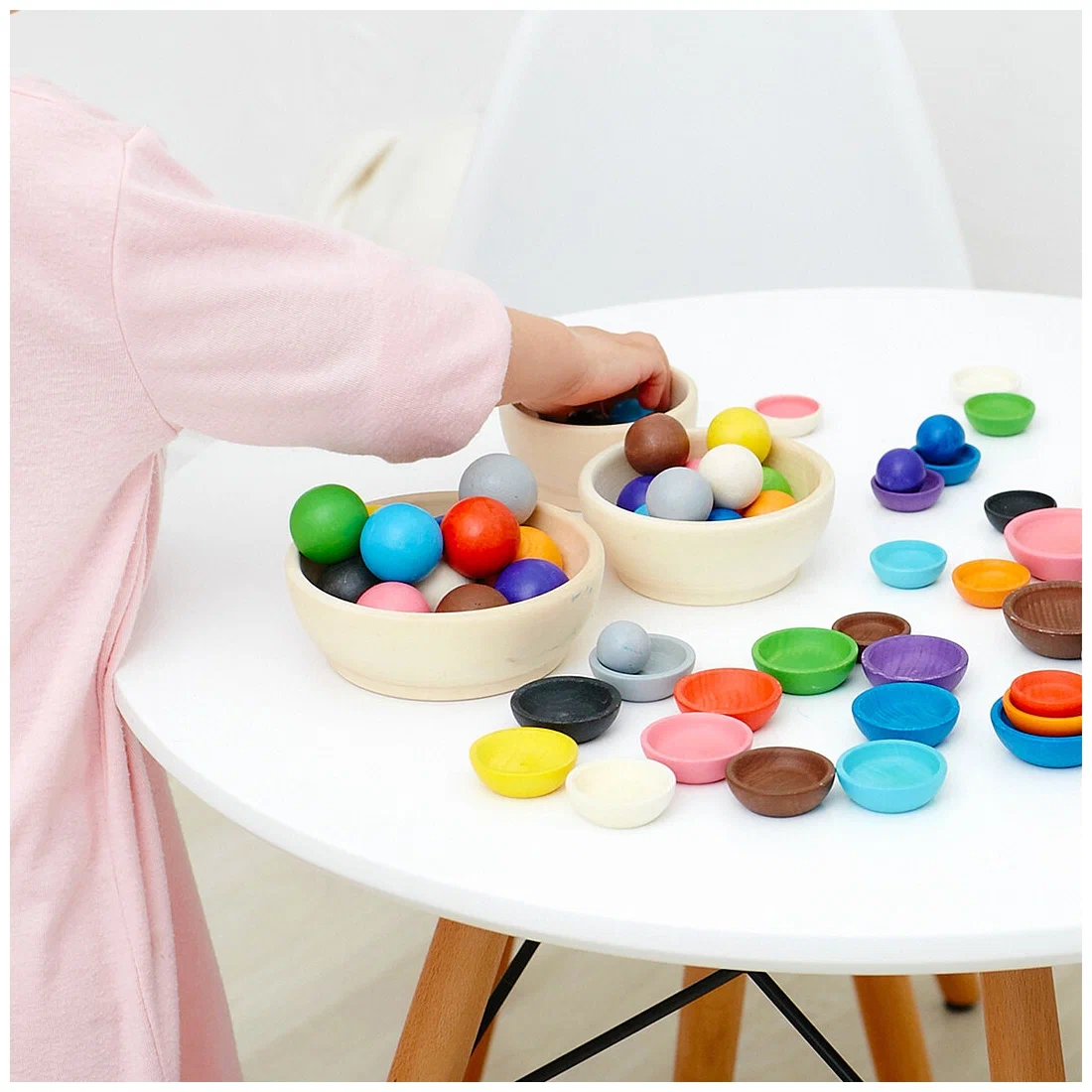 Montessori wooden color sorting tray set with colorful wooden balls, cups, and wooden spoon for toddlers
