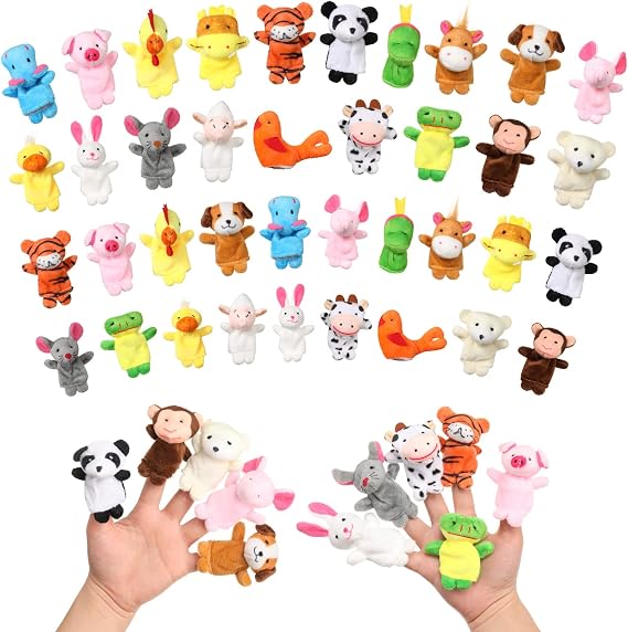 Dozens of soft plush animal finger puppets in many colours, with ten puppets worn on two hands to show how they fit