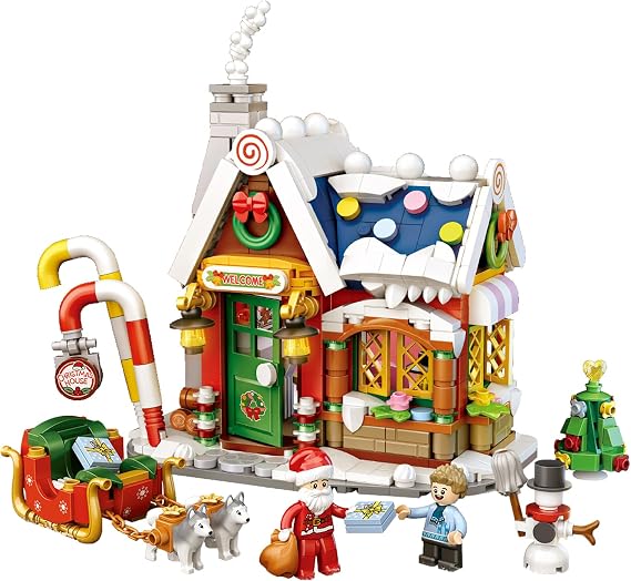 788 piece Christmas house mini-block building kit with sleigh tree dogs and figures