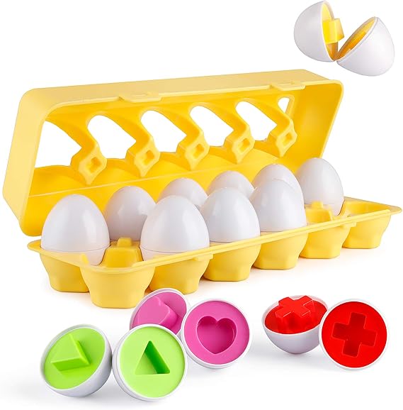 Yellow plastic egg carton holding twelve white matching eggs that pull apart into colour and shape sorting halves