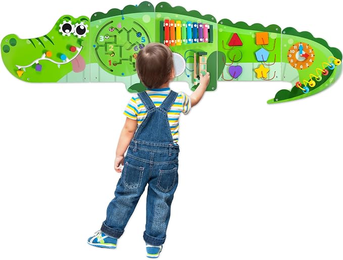 Crocodile-shaped nine-in-one wooden activity wall panels