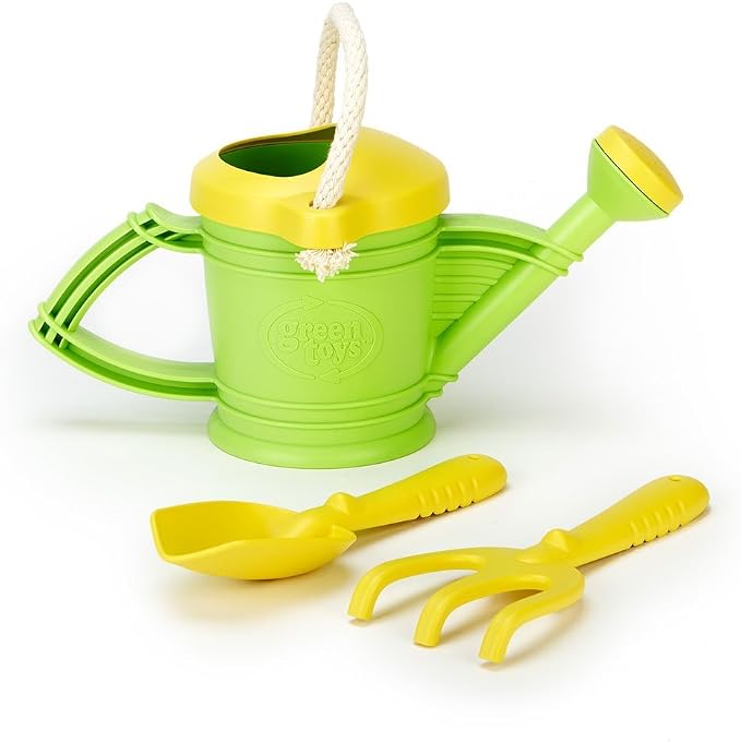 Green Toys green watering can with rake and shovel