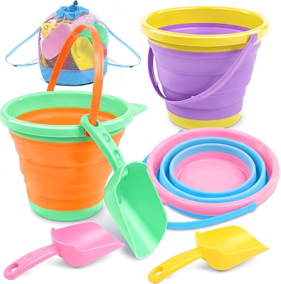 Three colourful collapsible pail buckets with matching plastic shovels and a mesh storage bag