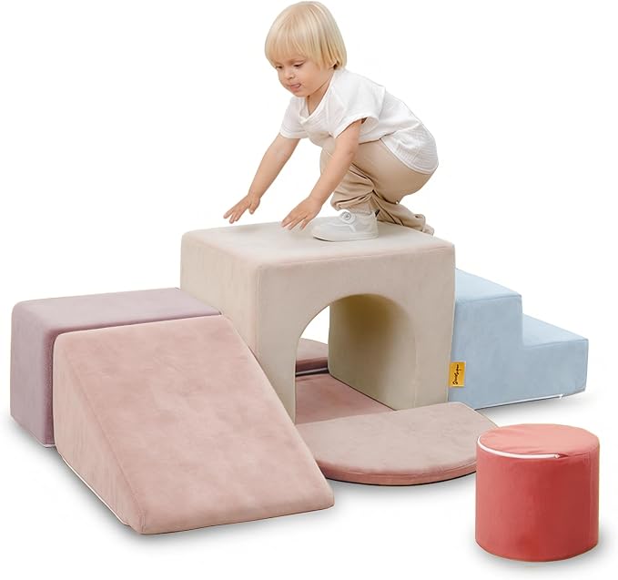 Blue and pink soft play climbing blocks with arch and cylinders