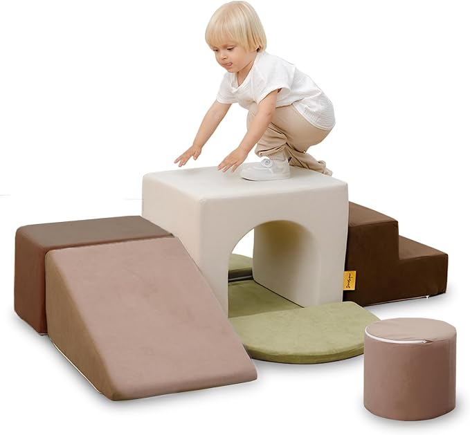 Grey soft play climbing blocks with arch and cylinders