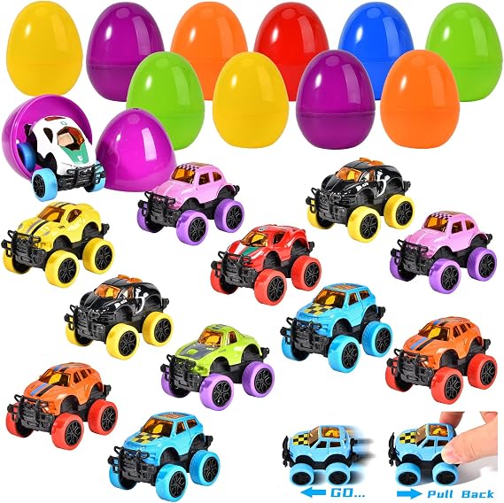 Colourful plastic Easter eggs beside chunky pull-back monster truck cars ready to zoom
